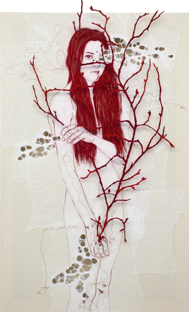 Ilaria Margutti Estrema Fioritura IV, ricamo a mano e merletto su tela, 2018