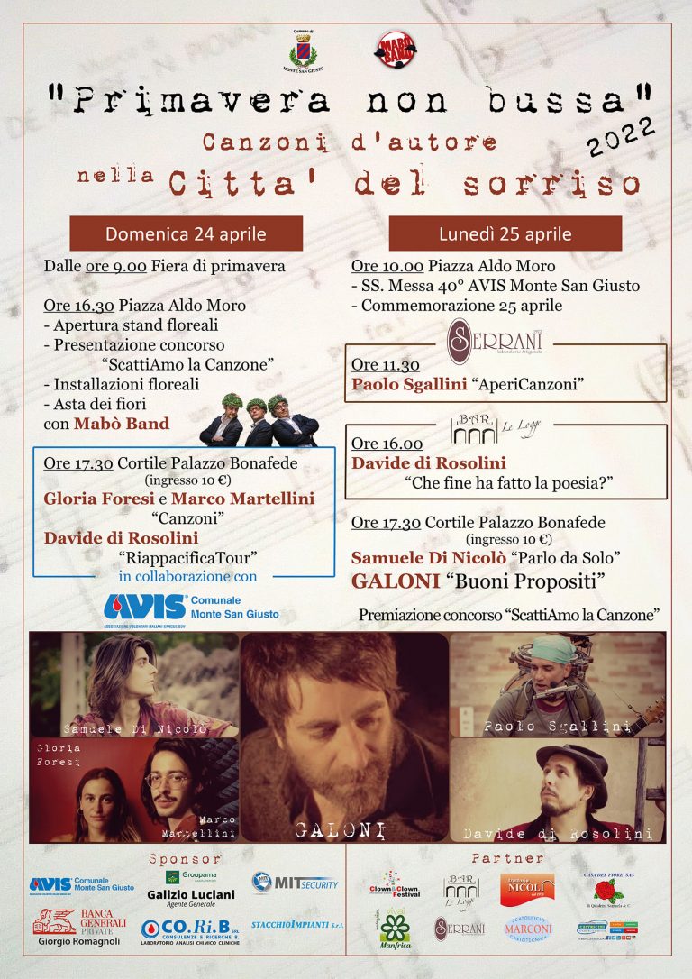 “Primavera non bussa”: sesta edizione della rassegna della Canzone d’Autore il 24 e 25 aprile a Monte San Giusto, la Città del Sorriso