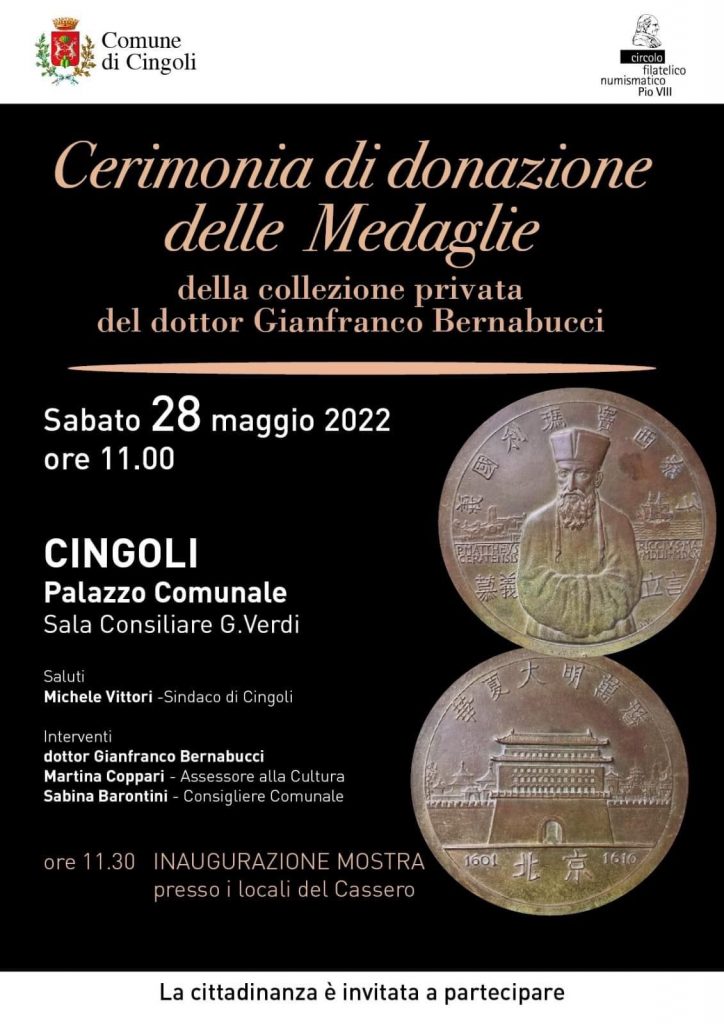 Cingoli arricchisce il suo patrimonio culturale con una collezione di medaglie di Bernabucci di Macerata. Il 28 la consegna ufficiale