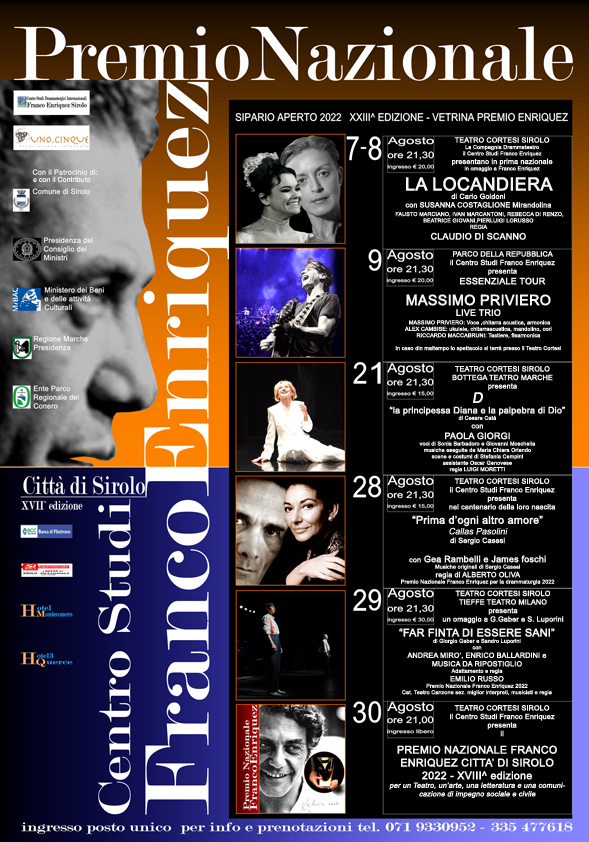 Gli spettacoli del Premio Nazionale Franco Enriquez di Sirolo dal 28 al 30 agosto al Teatro Cortesi tra teatro, musica e critica letteraria