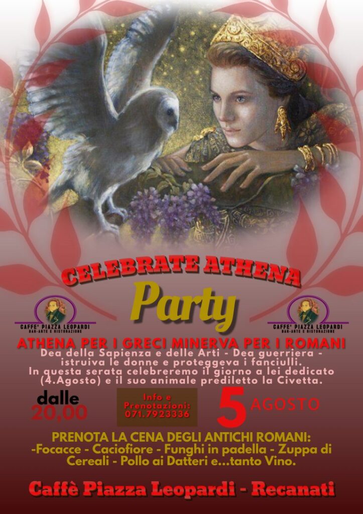 Al Caffè Piazza Leopardi di Recanati venerdì 5 agosto si cena come nell’antica Roma ricordando la Dea Athena