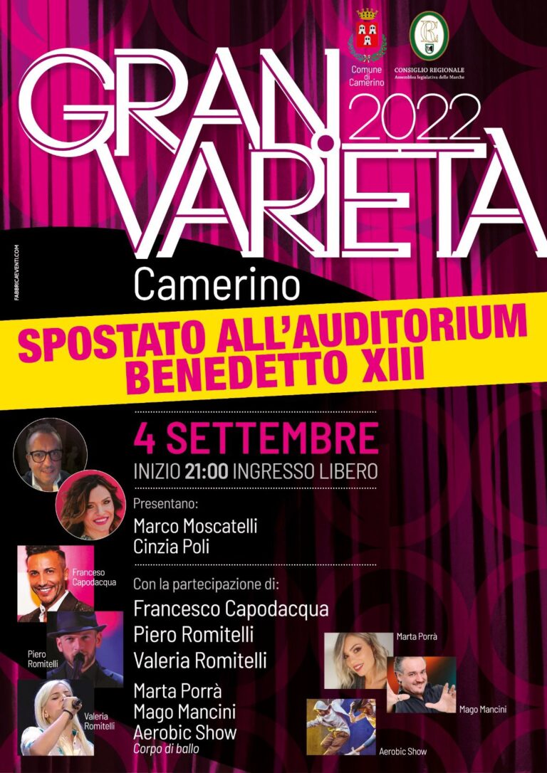 Il “Gran Varietà 2022” all’Auditorium Benedetto XIII di Camerino domenica 4 settembre a partire dalle ore 21 con tanti ospiti