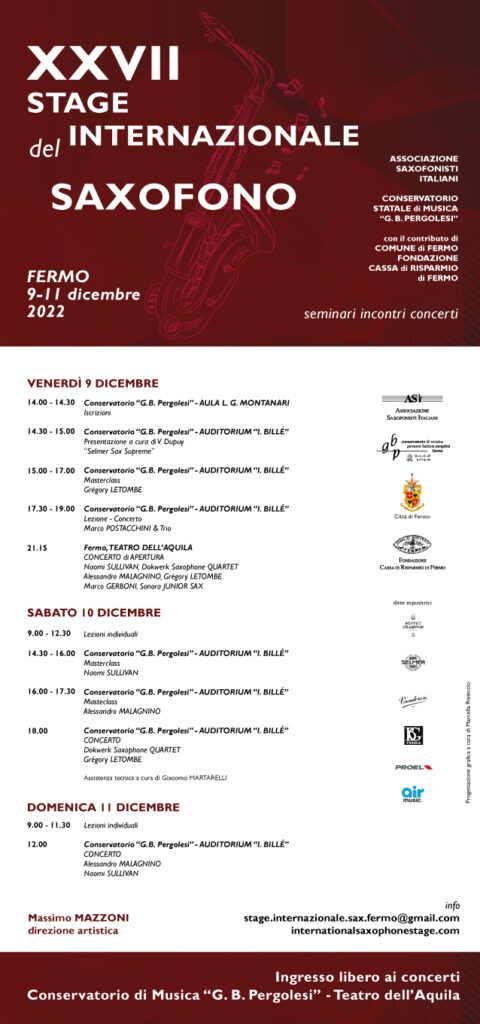 Al via il XXVII Stage Internazionale del Saxofono. Con il Conservatorio GB Pergolesi di Fermo dal 9 all’11 dicembre tre giorni di seminari, incontri e concerti