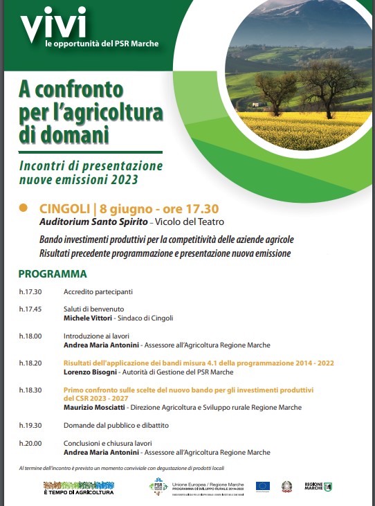 PROGRAMMA CINGOLI | 8 giugno - ore 17.30 | Roadshow PSR Marche | A CONFRONTO PER L’AGRICOLTURA DI DOMANI